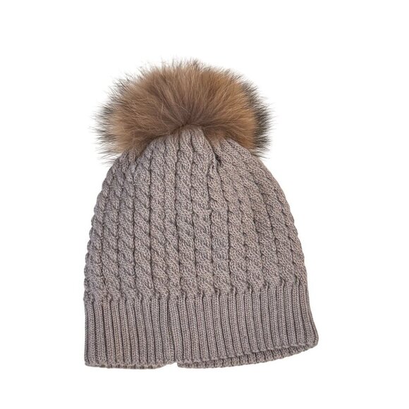 Furtalk Gray Knitted Winter Beanie With Faux Fur Pom-Pom Women's One Size - Picture 3 of 6